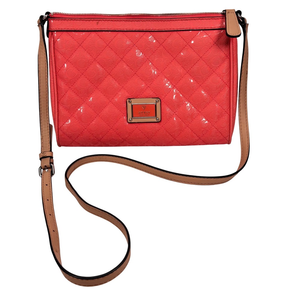 Y2K Barbie Guess Women Medium Crossbody Bag Coral Pink Quilted Patent Logo Purse